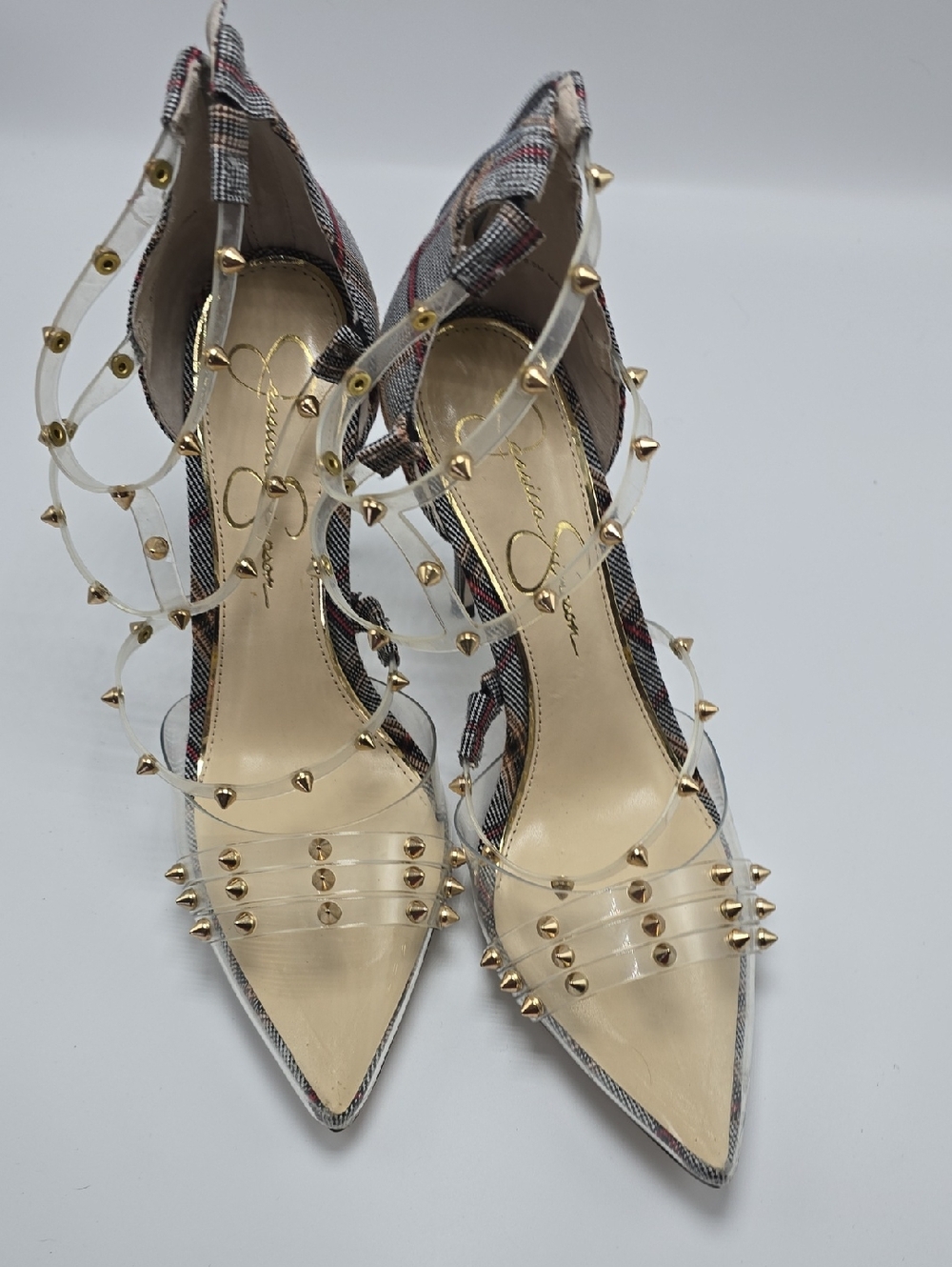 Jessica Simpson Clear PVC Pointed Toe Heels with Gold Studs and Beige Plaid